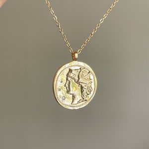 Gold filled micropave reversible Artemis goddess coin necklace